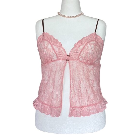Victoria's Secret Tops - Vintage Y2K Victoria’s Secret Sheer Pink Lace Split Babydoll Cami Coquette M/L